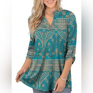 Women's Plus Size Tunic Tops 3/4 Roll Sleeve Notch V Neck Blouses Shirts
